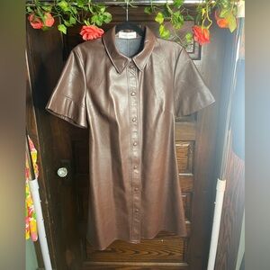 SAMSOE brown pleather dress snap front